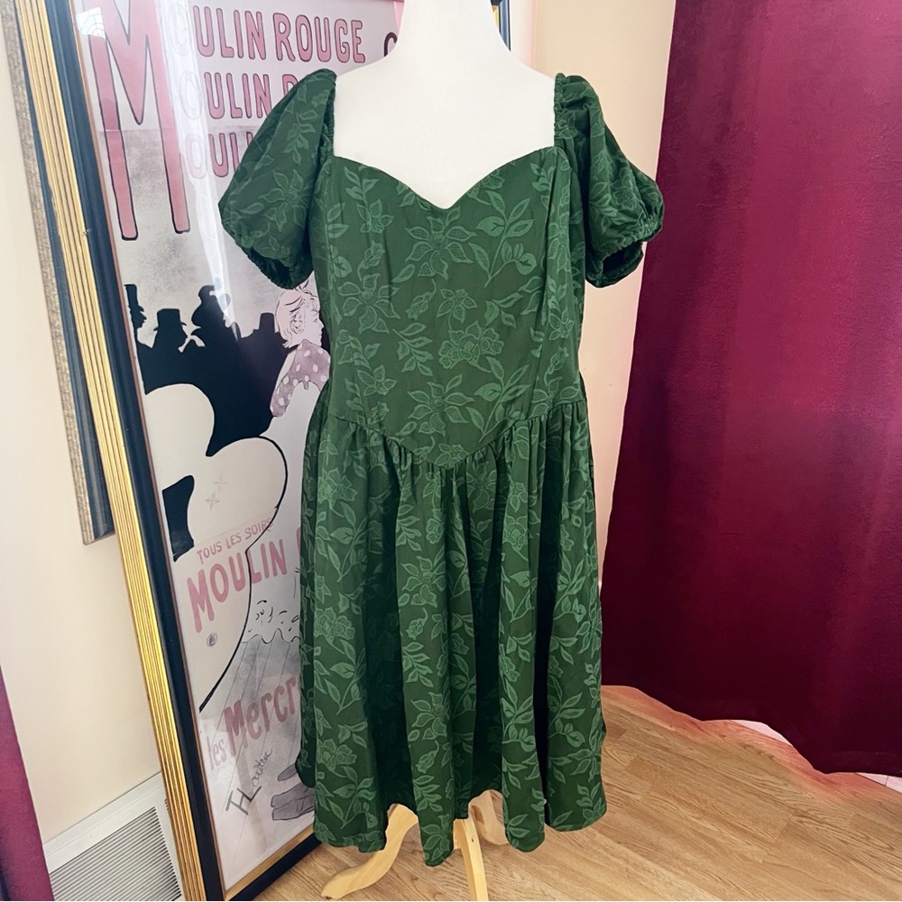 Smak Parlour Green Floral Brocade Swing Dress Plus SZ 2X Boning Retro Mod